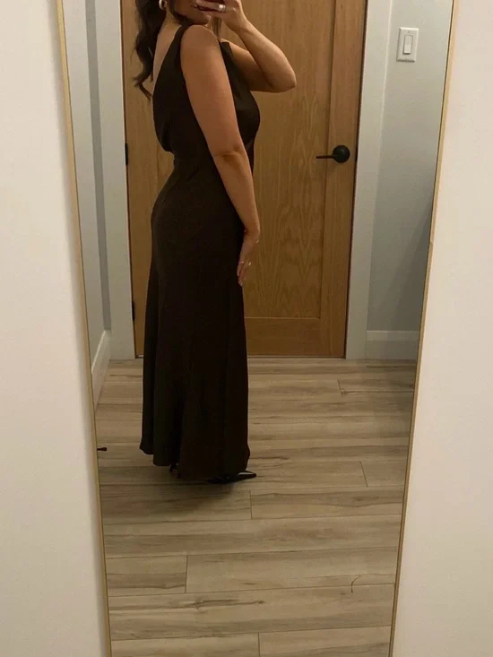 Sleek Backless Satin Maxi Dress in Dark Olive/Khaki - Picture 2 of 5